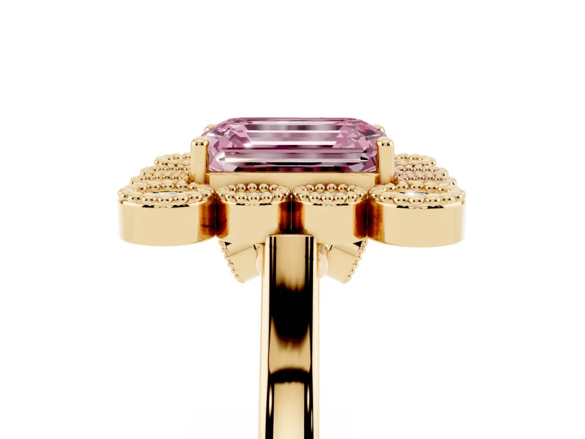 Fancy Pink Emerald Cut Halo Diamond Cluster Engagement Ring with Milgrain Bezel Setting and Solitaire Band Yellow gold