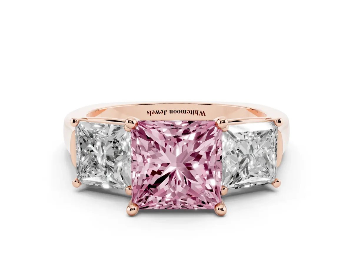 Fancy Pink Three-Stone Princess Cut Brilliant Diamond Trellis Ring with Comfort Fit Band Rose gold