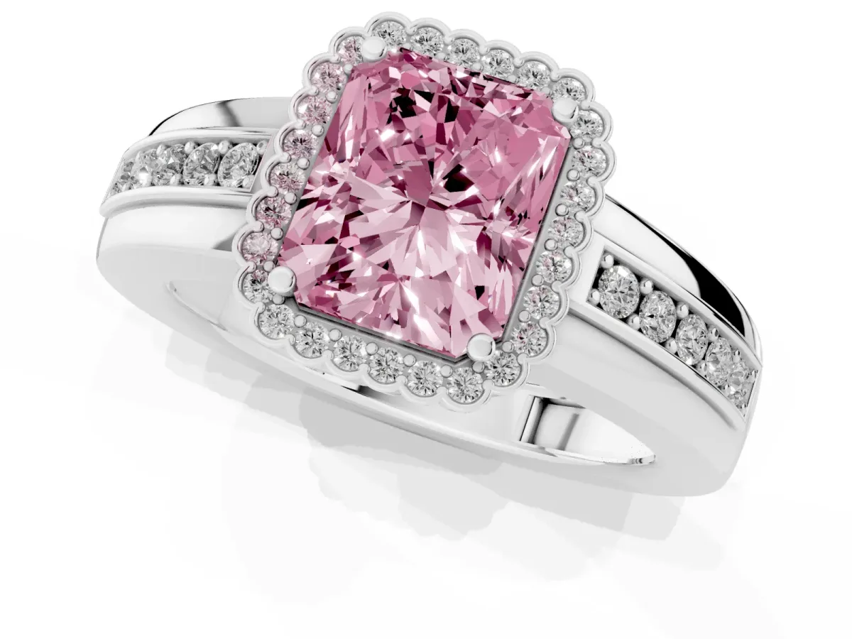 Fancy Pink Radiant Cut Cut Halo Pave Band Four-Prong Ring Silver