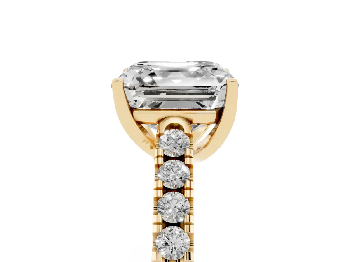 Asscher Cut Diamond Pavé Band Solitaire Ring with Prong Setting Yellow gold