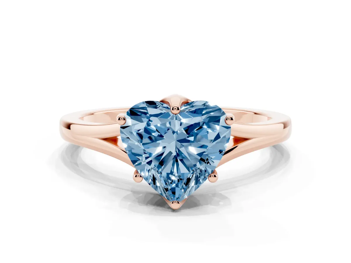 Fancy Blue Heart Cut Solitaire Diamond Ring with Six-Prong Setting and Tapered Band Rose gold