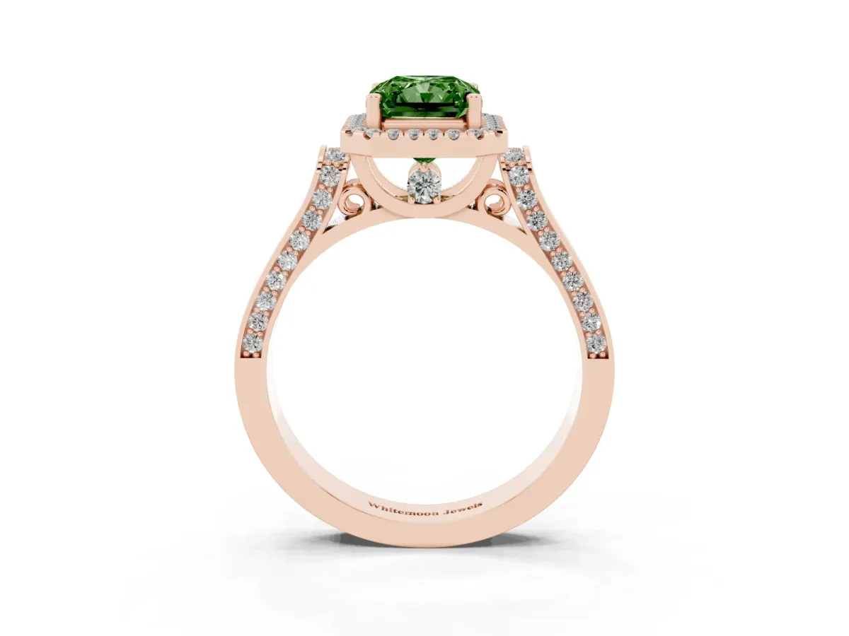 Fancy Green Radiant Cut Halo Round Diamond Twist Band with Four-Prong Setting Rose gold