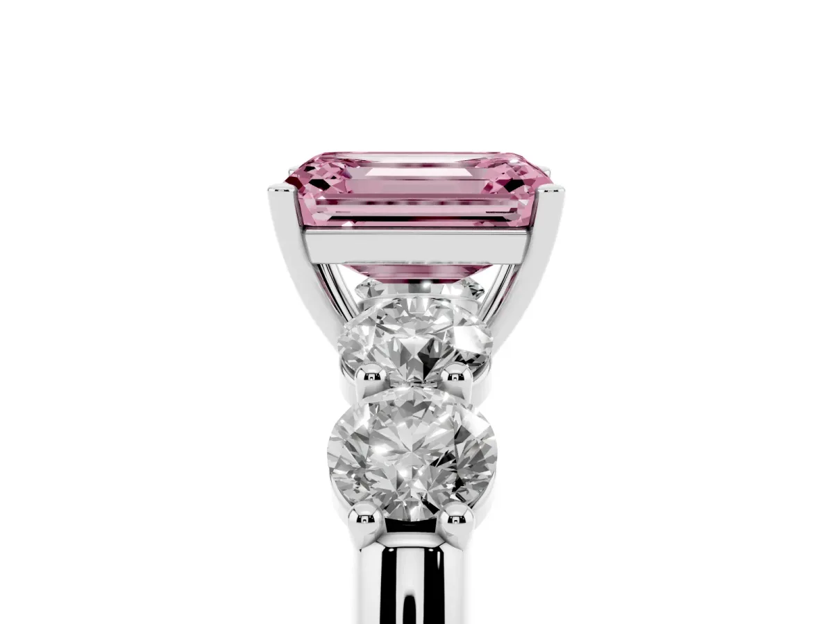 Fancy Pink Emerald Cut Cut Five-Stone Prong Set Diamond Ring with Classic Band Silver