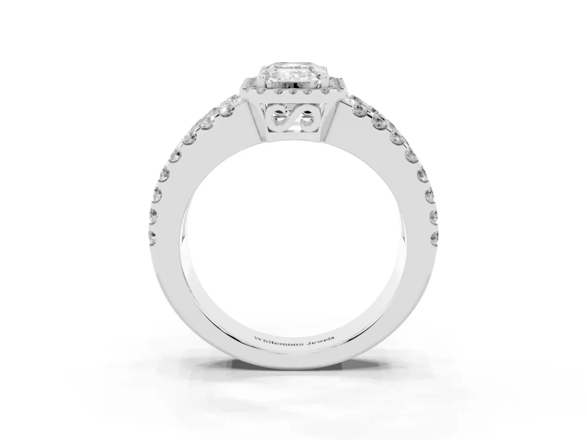 Emerald Cut Cut Halo Split Shank Diamond Ring with Four-Prong Setting Platinum