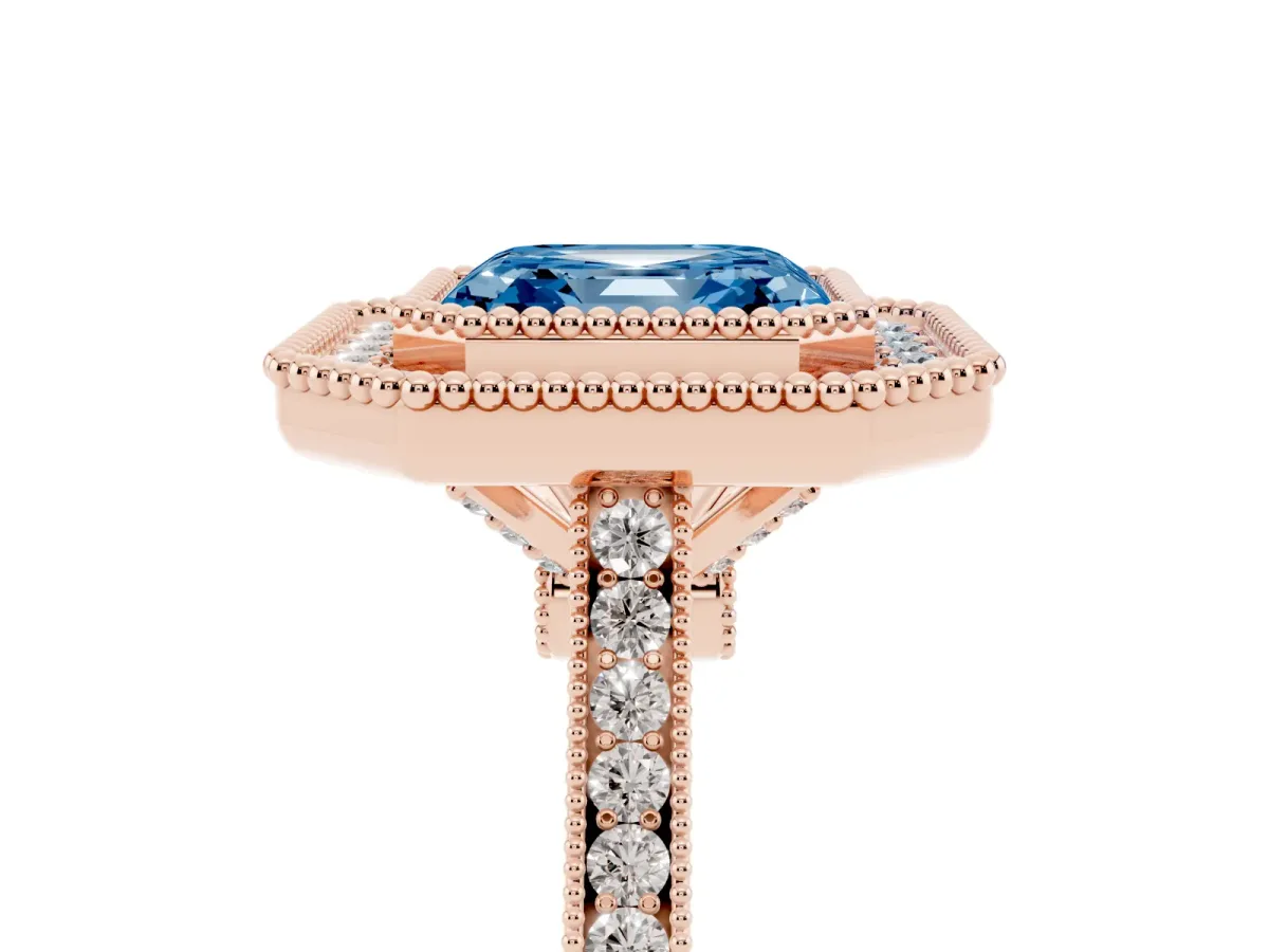 Fancy Blue Asscher Cut Diamond Halo Ring with Milgrain Frame and Pavé Band Rose gold