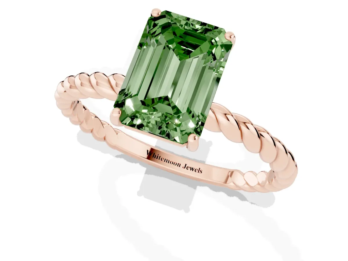 Fancy Green Emerald Cut Solitaire Twisted Band 4-Prong Ring Rose gold