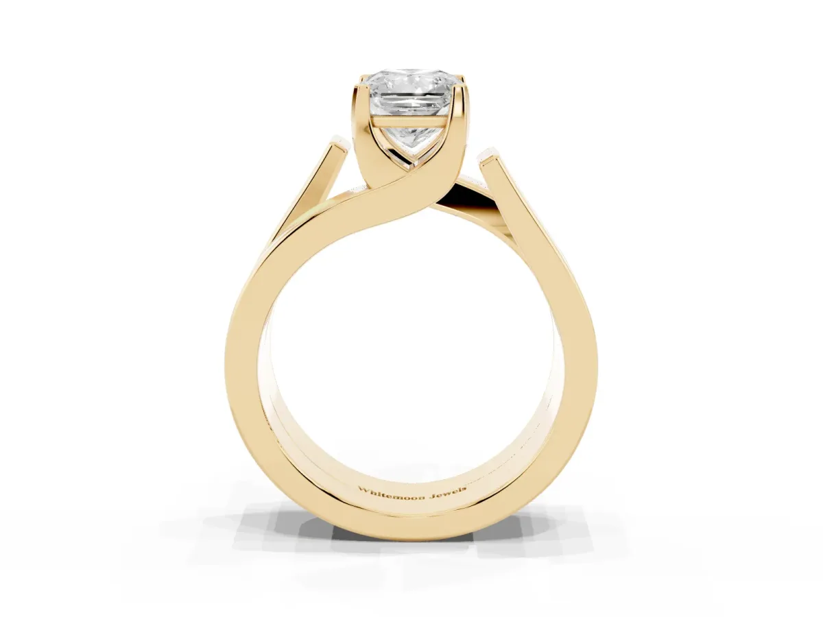 Modern Tension Set Radiant Cut Diamond Solitaire Wide Band Ring Yellow gold