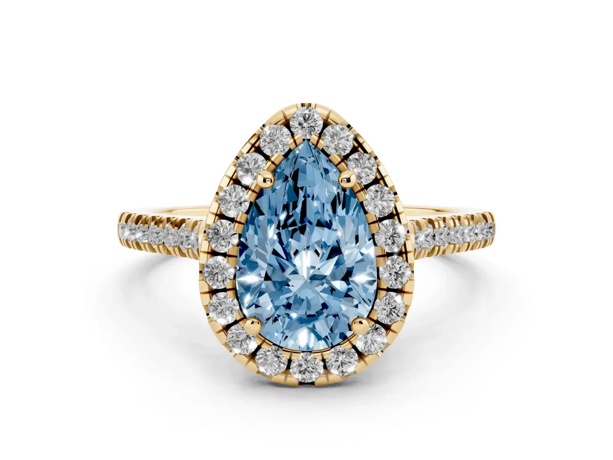 Fancy Blue Pear Cut Diamond Cushion Halo Ring with Pavé Band Yellow gold