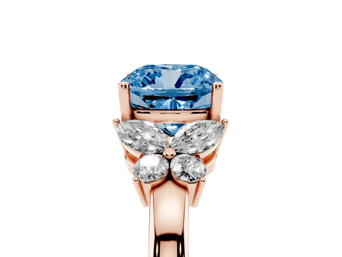 Fancy Blue Cushion Cut Cut Solitaire Floral Diamond Ring with Four-Prong Setting Rose gold