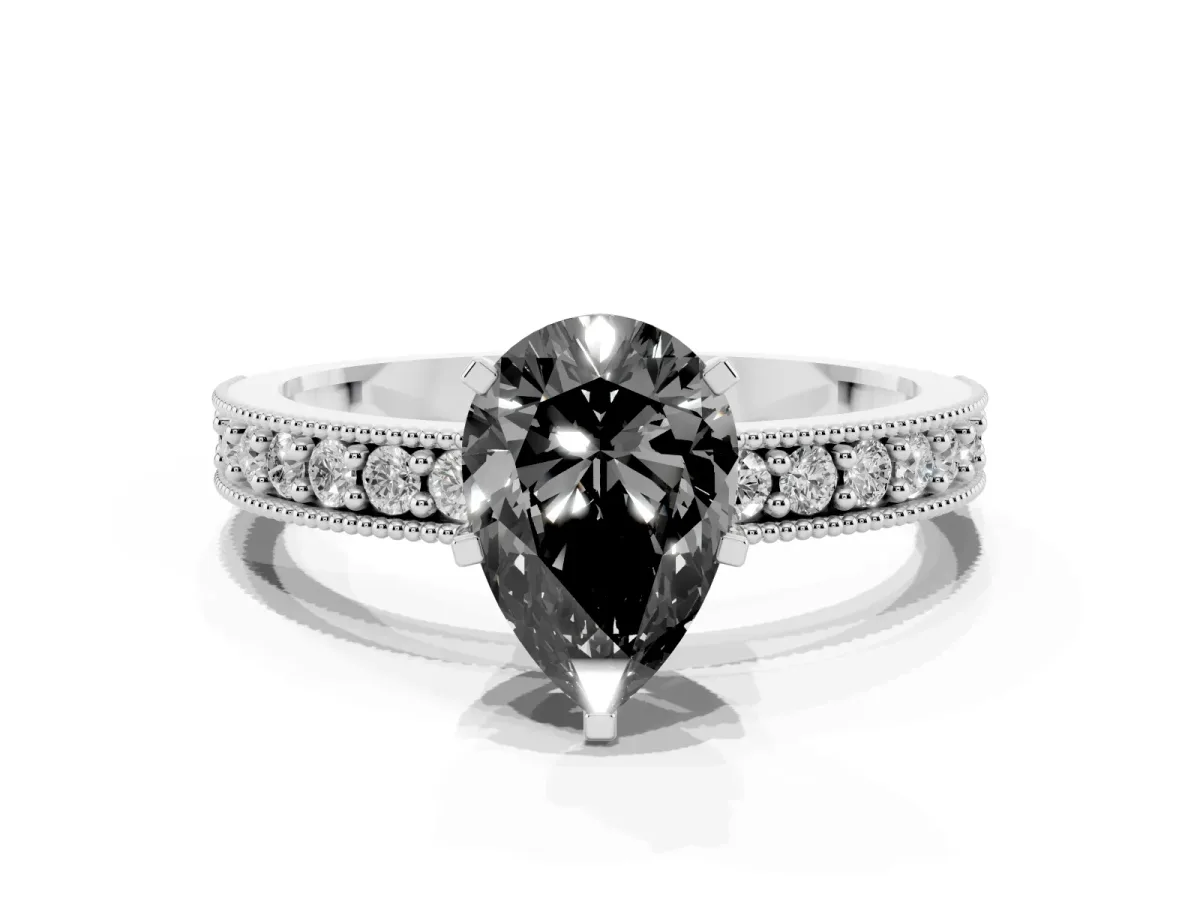 Fancy Black Pear Cut Diamond Milgrain Pavé Engagement Ring with Four-Prong Setting Platinum