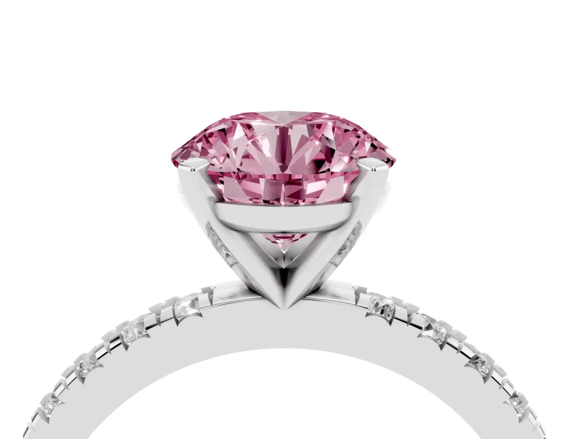 Fancy Pink Round Cut Diamond Pavé Band Solitaire with Four-Prong Setting Silver