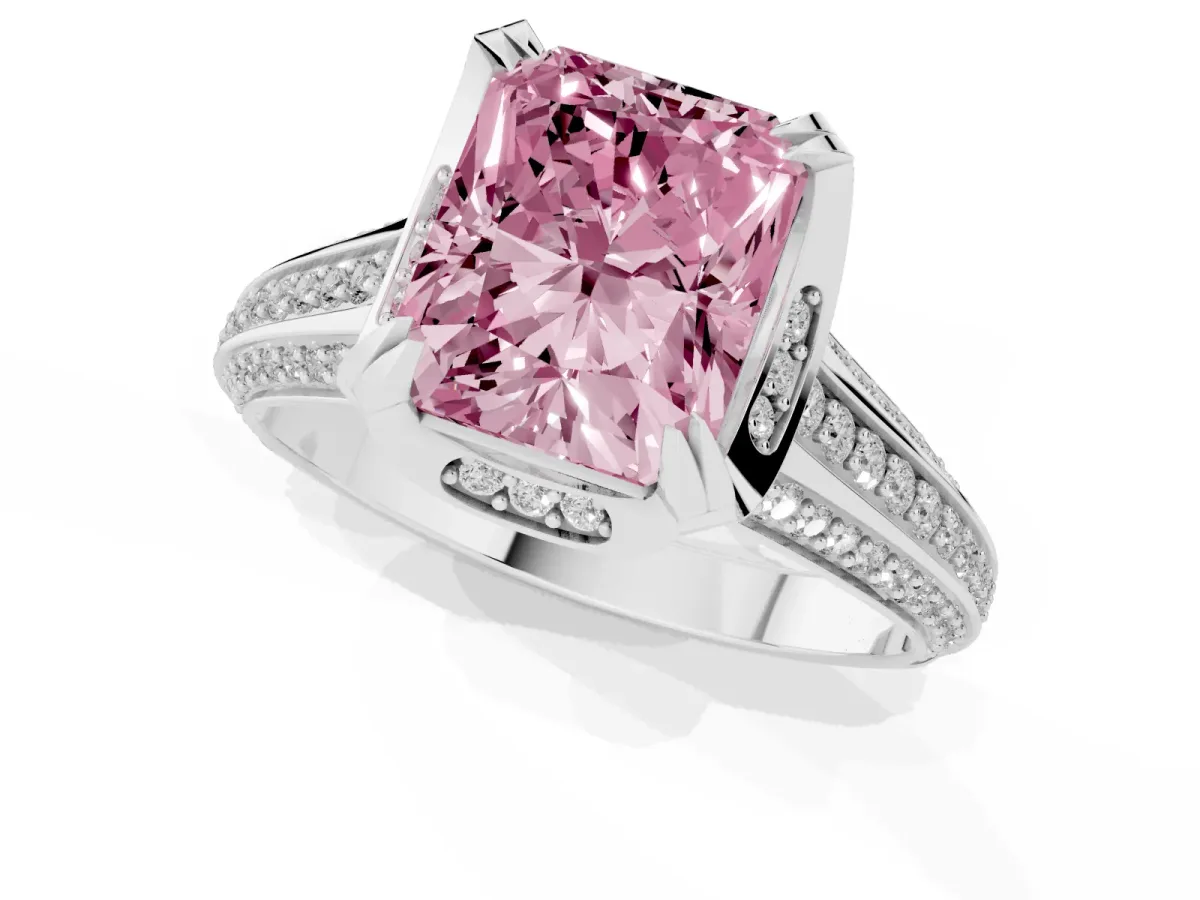 Fancy Pink Radiant Cut Solitaire Pave Split Shank Ring with Four-Prong Setting Silver