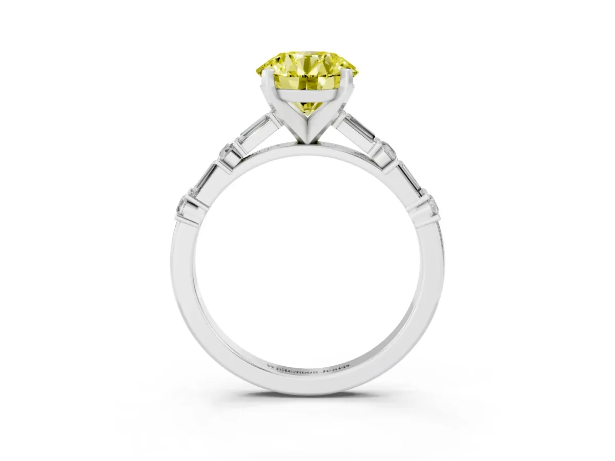 Fancy Yellow Round Cut Diamond Solitaire with Side Baguettes and Channel Set Band Platinum
