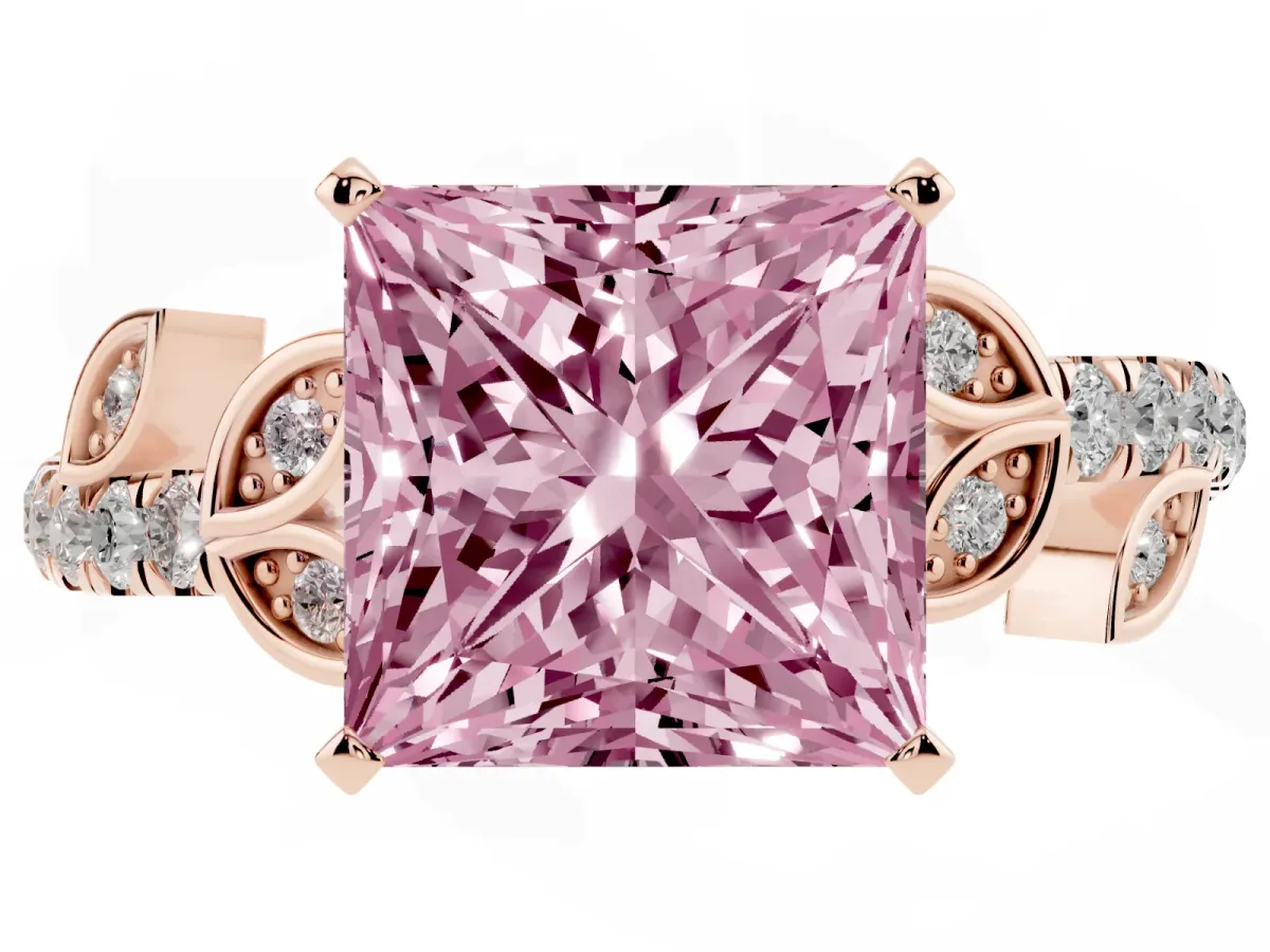 Fancy Pink Princess Cut Solitaire Leaf-Inspired Diamond Ring with Pavé Band and Four-Prong Setting Rose gold