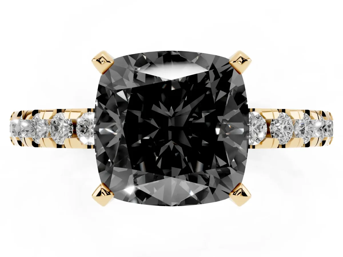 Fancy Black Cushion Cut Diamond Solitaire Ring with Round Pavé Band and Four-Prong Setting Yellow gold