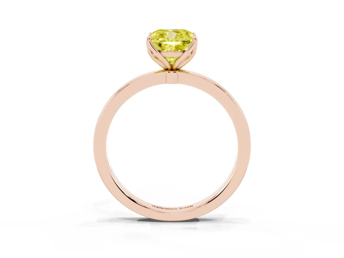 Fancy Yellow Cushion Cut Diamond Solitaire Ring with Thin Band and Prong Setting Rose gold