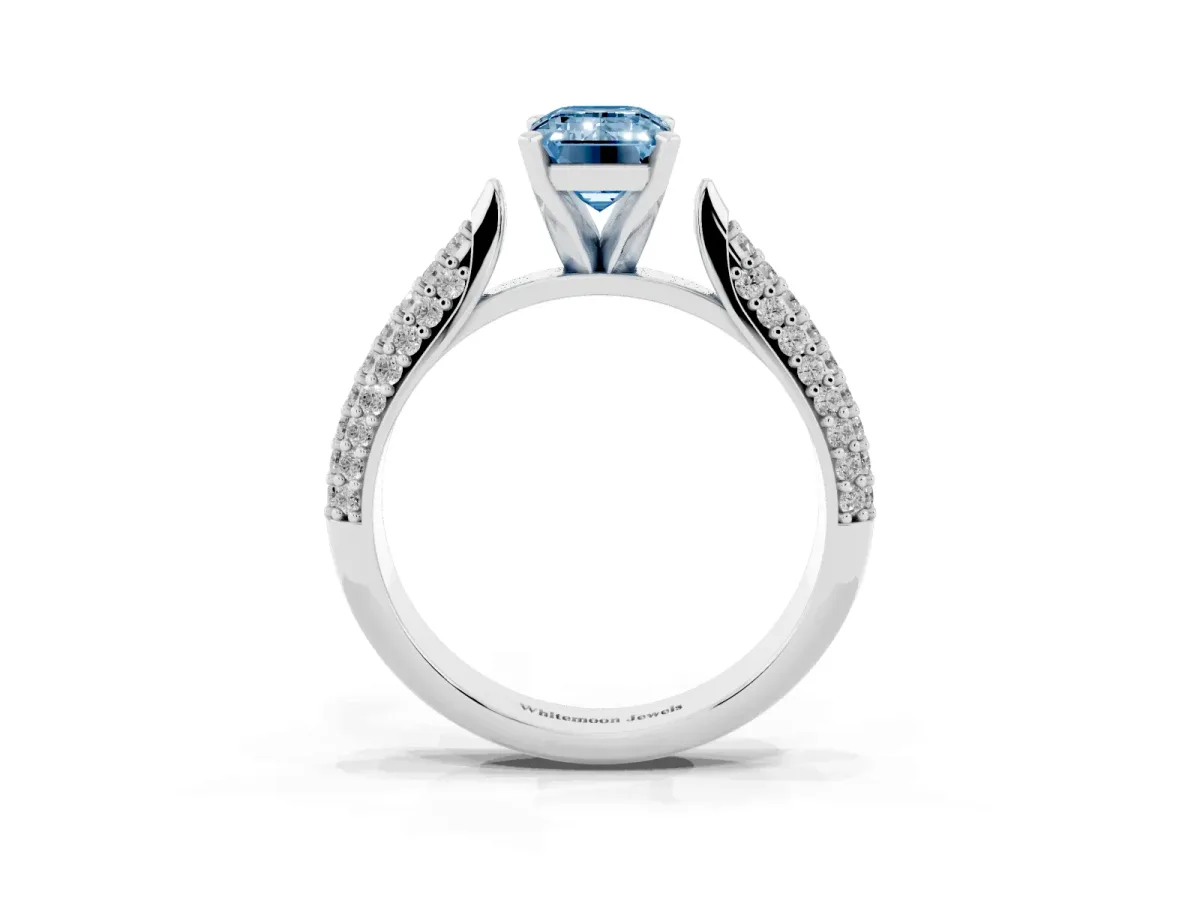 Fancy Blue Emerald Cut Diamond Solitaire Engagement Ring with Multi-Row Round Pavé Band and Prong Setting Silver