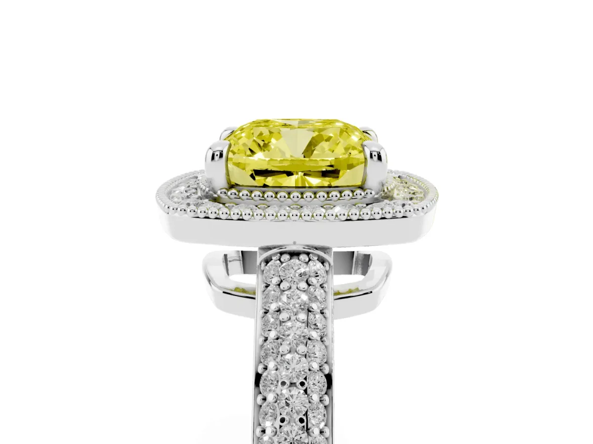 Fancy Yellow Cushion Cut Cut Halo Diamond Pave Band with Four-Prong Setting Platinum