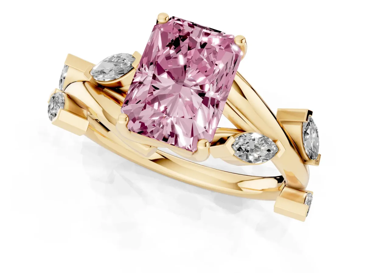 Fancy Pink Radiant Cut Solitaire Twisted Band Marquise Accent Prong Setting Ring Yellow gold