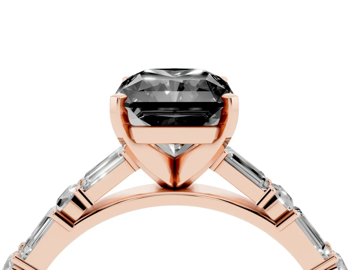 Fancy Black Radiant Cut Diamond Solitaire with Side Baguettes and Channel Set Band Rose gold