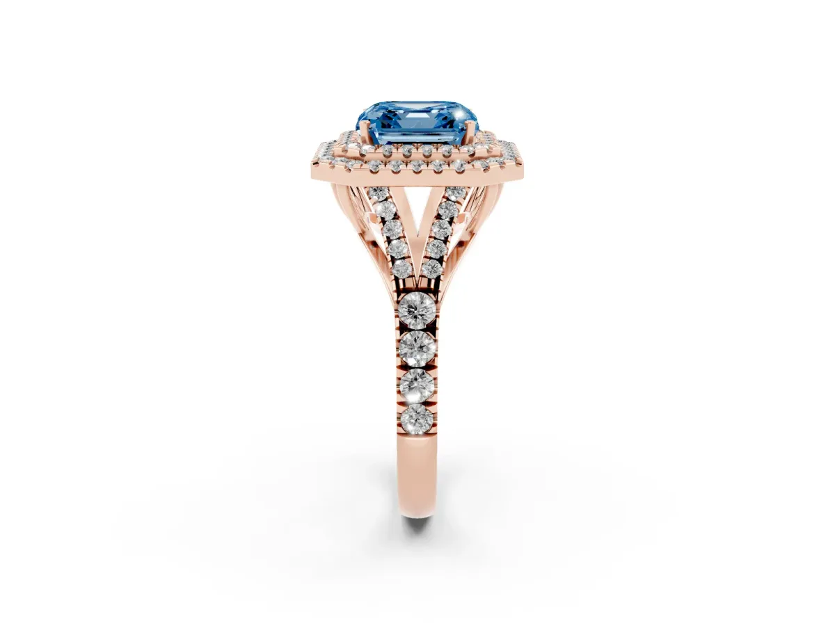 Fancy Blue Asscher Cut Diamond Pavé Split Shank Double Halo Engagement Ring Rose gold