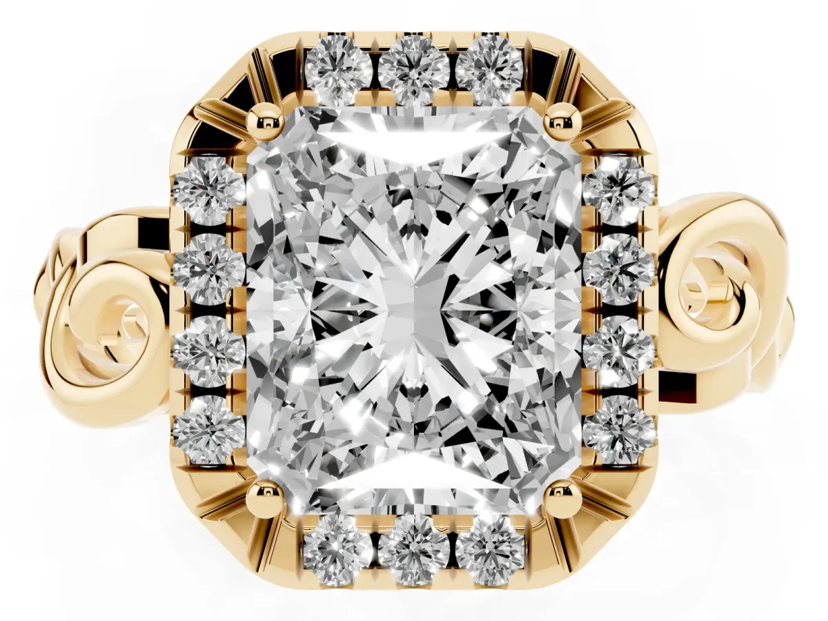 Radiant Cut Cut Halo Diamond Ring with Scrollwork Band and Four-Prong Setting Yellow gold