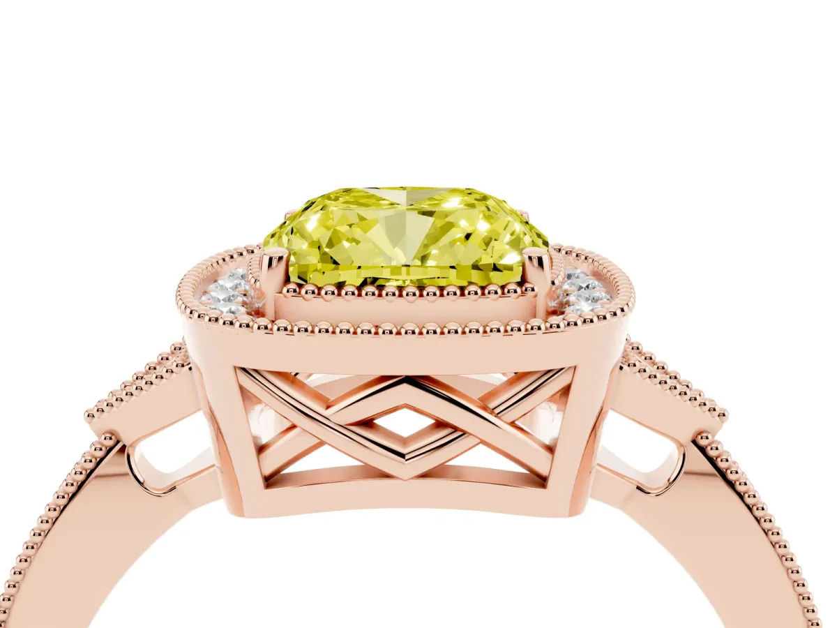 Fancy Yellow Cushion Cut Halo Round Diamond Milgrain Pave Engagement Ring Rose gold