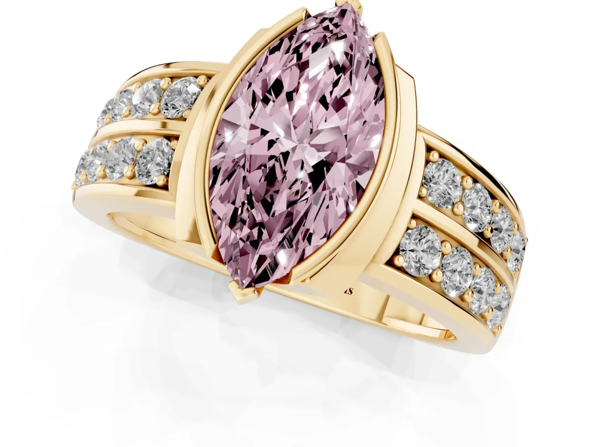 Fancy Pink Marquise Cut Brilliant Diamond Channel Set Wide Band Ring with Bezel Setting Yellow gold