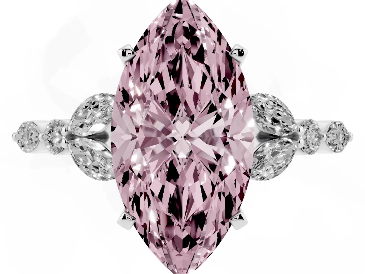 Fancy Pink Marquise Cut Diamond Solitaire Ring with Side Stones and Four-Prong Setting Silver