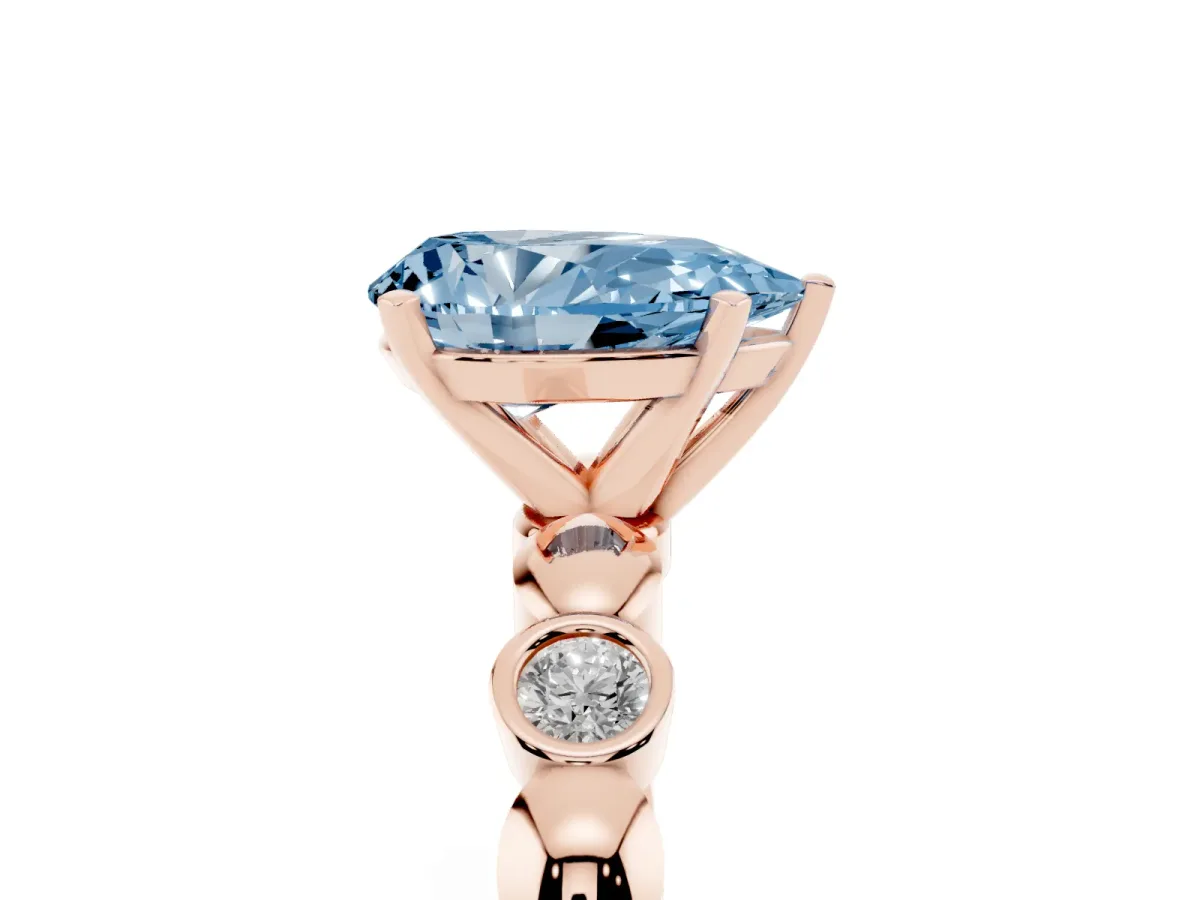 Fancy Blue Pear Cut Solitaire Bezel-Set Diamond Ring with Beaded Band and Four-Prong Setting Rose gold