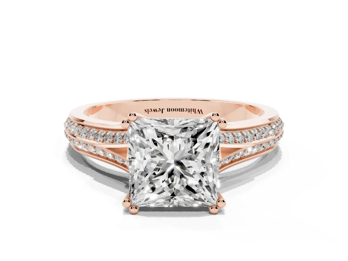 Princess Cut Diamond Split Shank Engagement Ring with Pavé Band Rose gold