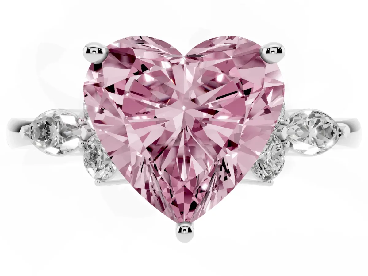 Fancy Pink Heart Cut Brilliant Diamond Solitaire Ring with Pear Side Stones and Four-Prong Setting Platinum