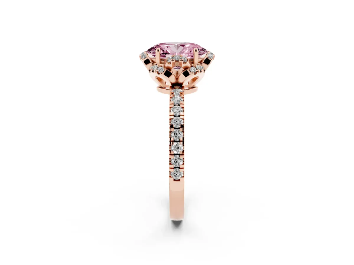 Fancy Pink Oval Cut Diamond Halo Pave Band with Four-Prong Setting Rose gold