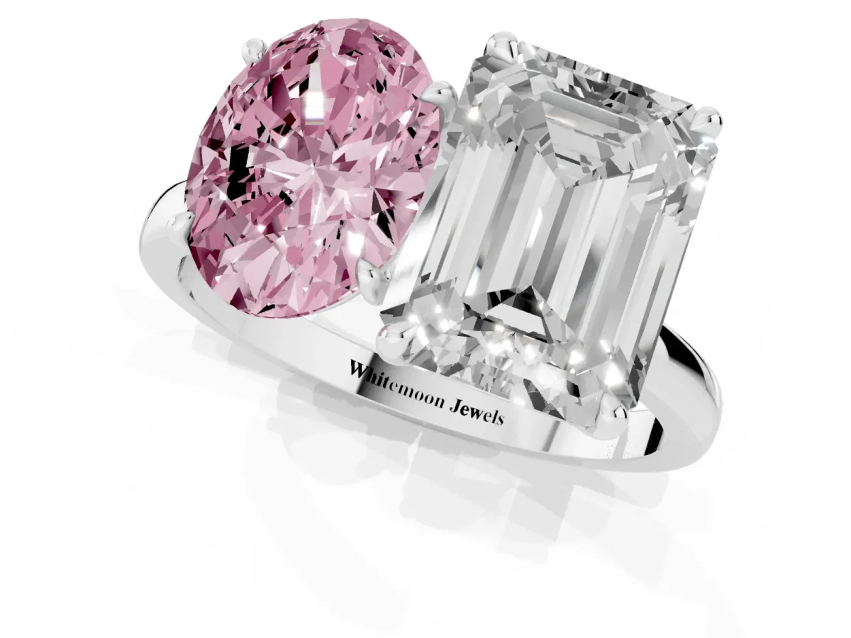 Fancy Pink Oval Cut and Emerald Cut Toi Moi Ring with Prong Setting White gold