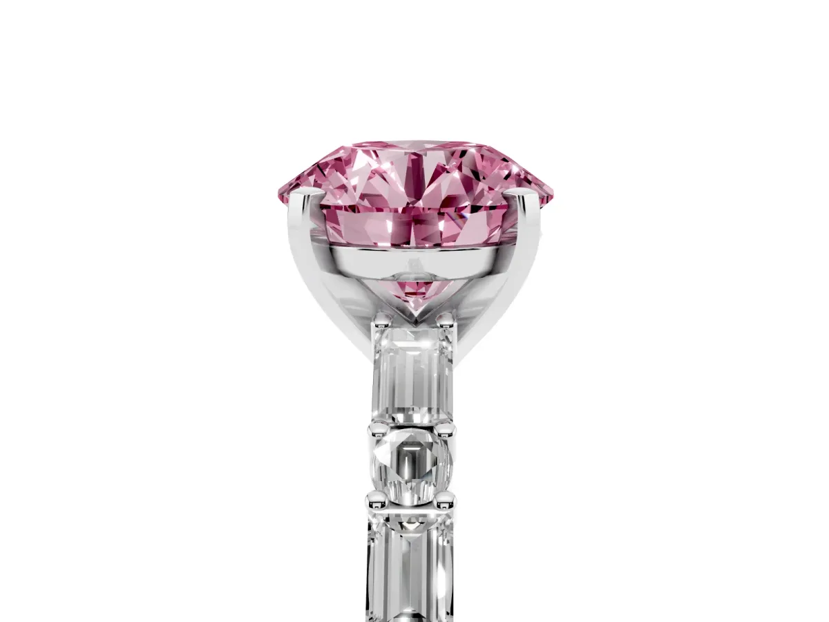 Fancy Pink Round Cut Diamond Solitaire with Side Baguettes and Channel Set Band Silver