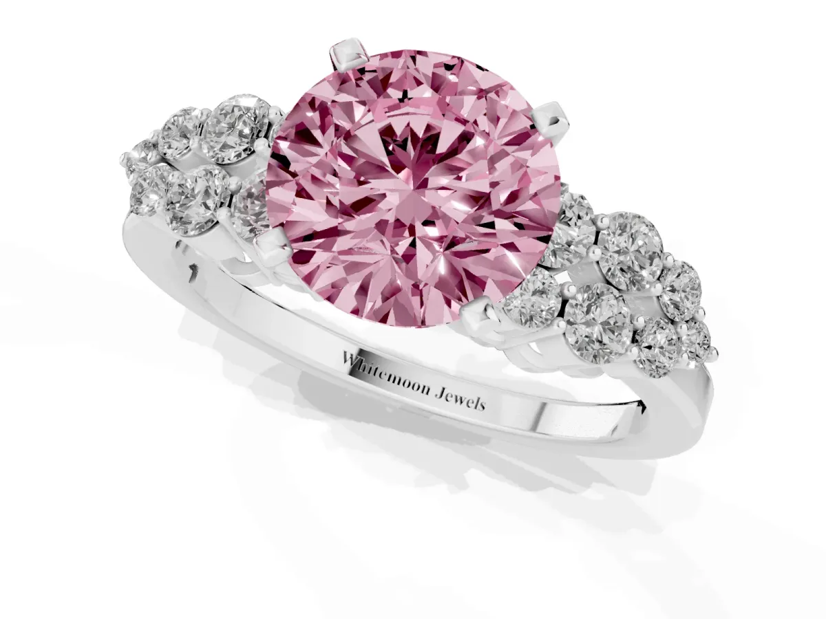 Fancy Pink Round Cut Cluster Diamond Engagement Ring with Pavé Band and Four-Prong Setting Platinum