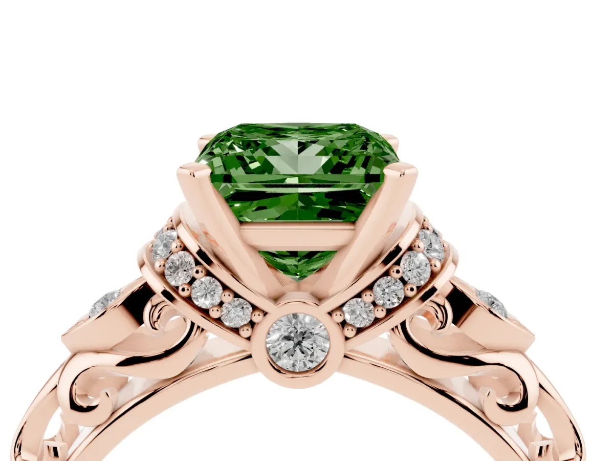 Fancy Green Princess Cut Diamond Solitaire Ring with Filigree Band and Four-Prong Setting Rose gold