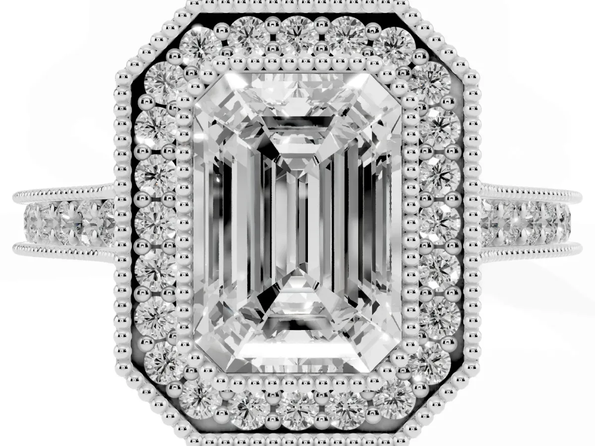 Halo Emerald Cut-Cut Diamond Pave Band Milgrain Prong Setting Ring Silver