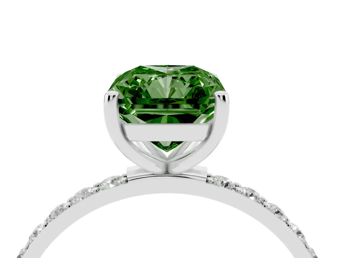 Fancy Green Radiant Cut Diamond Solitaire Ring with Round Pavé Shoulders and Prong Setting Silver