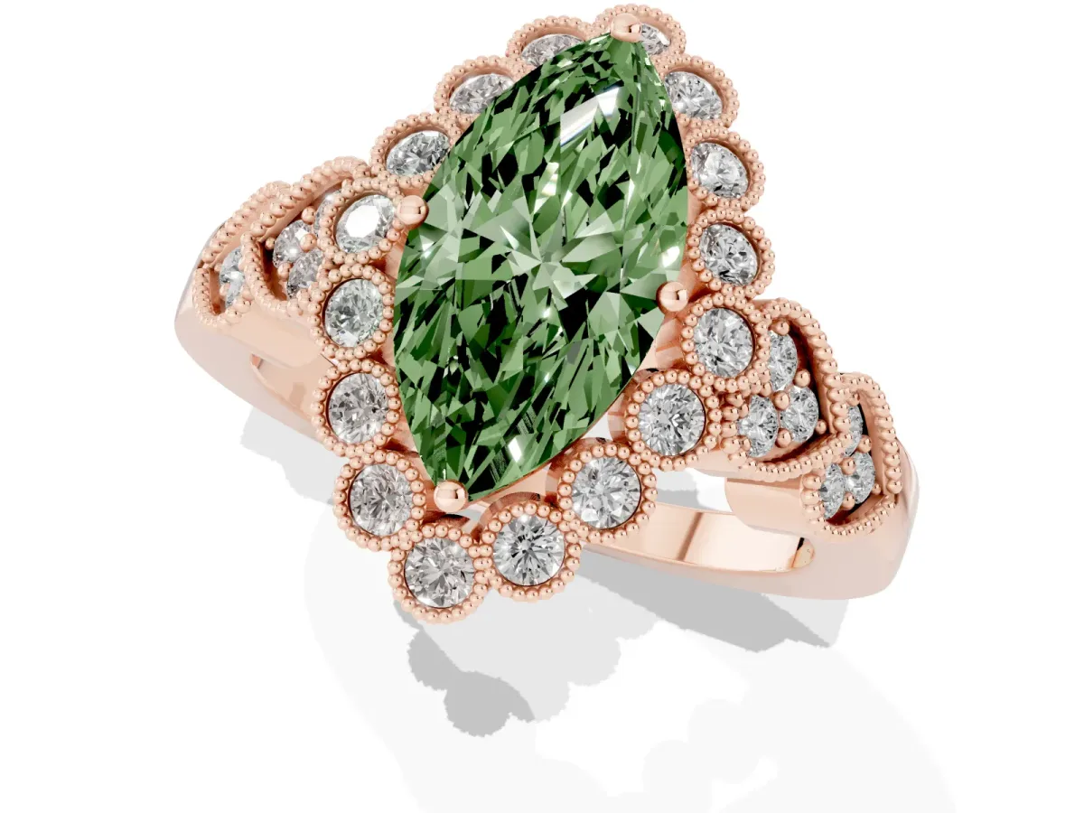 Fancy Green Marquise Cut Brilliant Milgrain Pave Heart Band Solitaire Ring Rose gold
