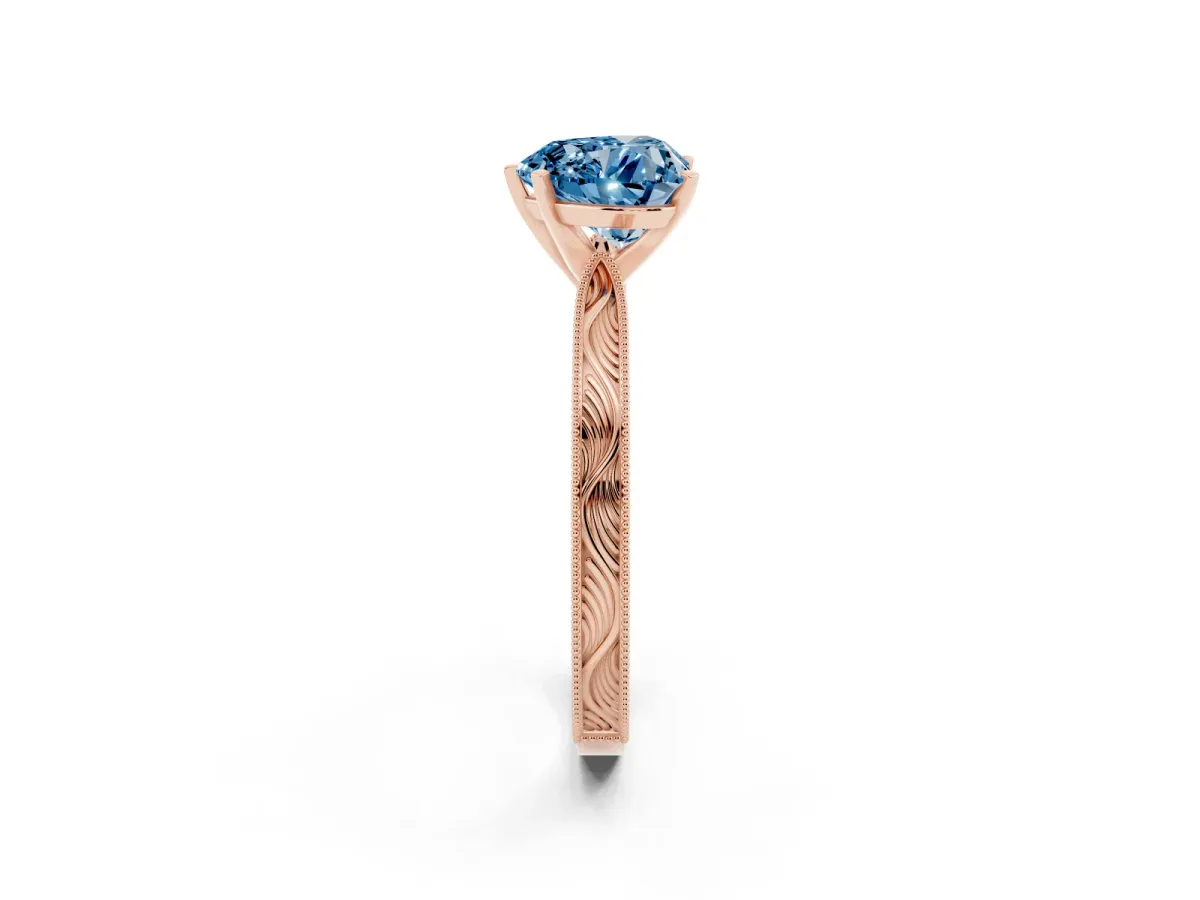 Fancy Blue Heart Cut Solitaire Milgrain Engraved Band with Four-Prong Setting Rose gold