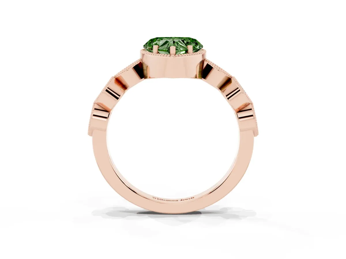 Fancy Green Heart Cut Diamond Vintage Milgrain Ring with Round Stations Rose gold