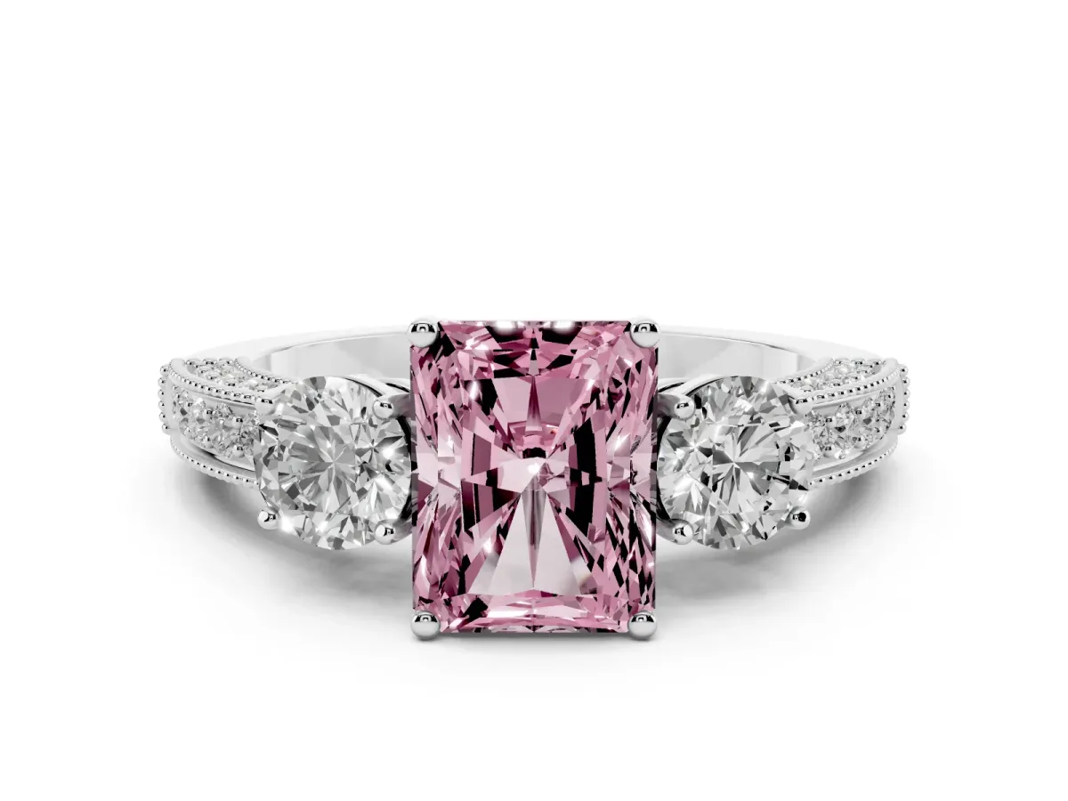 Fancy Pink Radiant Cut Three-Stone Diamond Ring with Pavé Band and Four-Prong Setting Silver