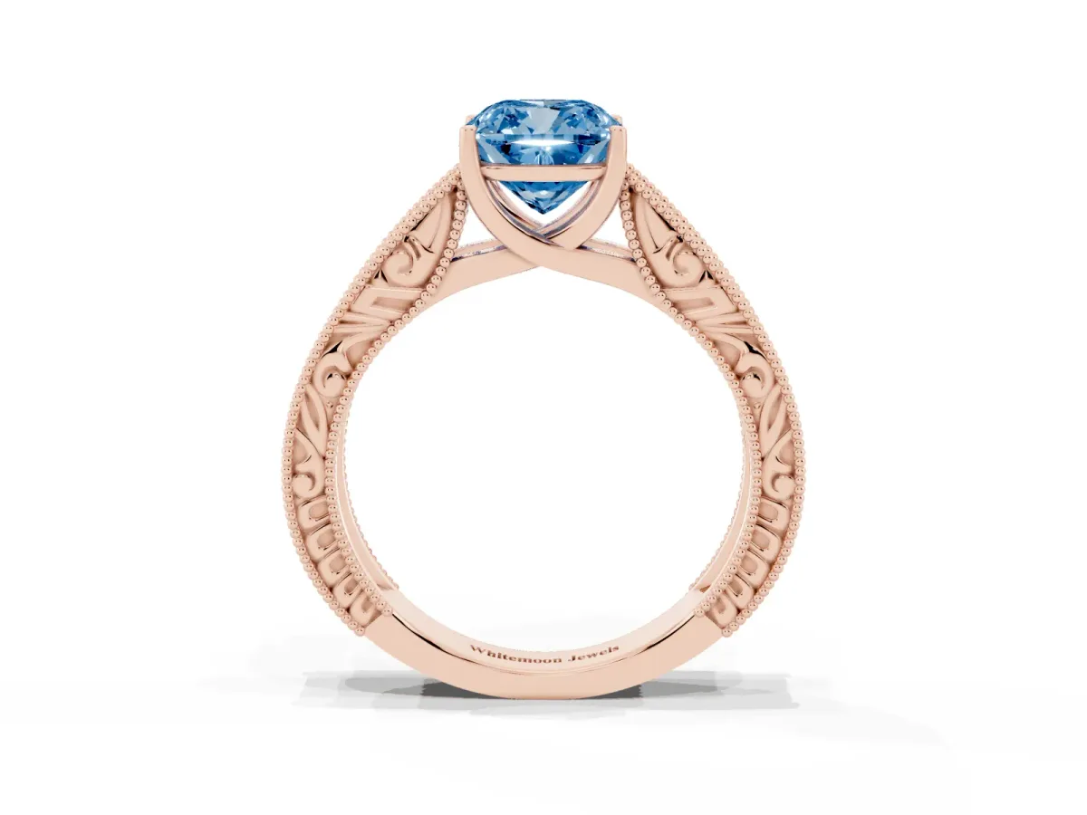 Fancy Blue Cushion Cut Diamond Solitaire Ring with Engraved Band and Four-Prong Setting Rose gold