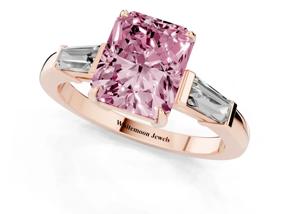 Fancy Pink Radiant Cut Diamond Three-Stone Ring with Tapered Baguette Side Stones and Prong Setting Rose gold