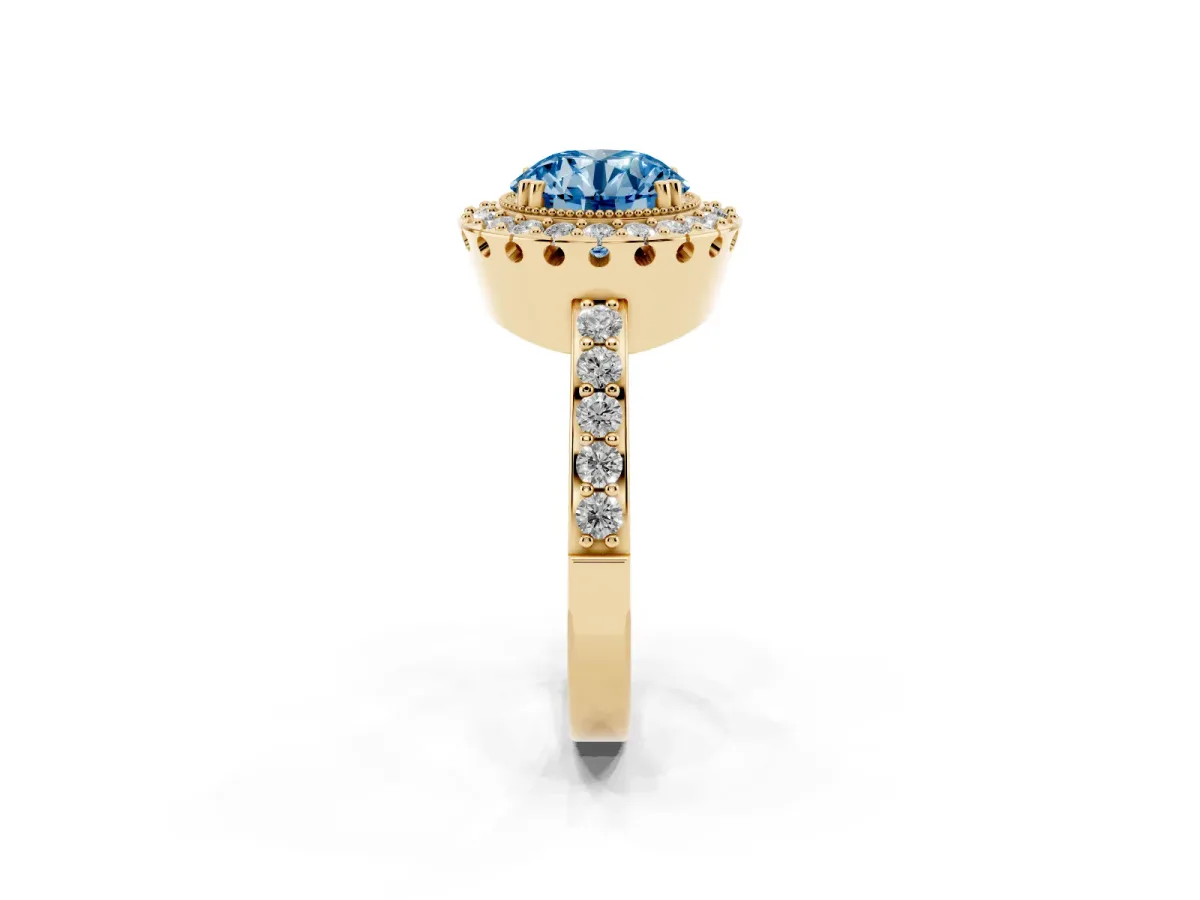 Fancy Blue Round Cut Diamond Halo Ring with Pavé Band and Prong Setting Yellow gold