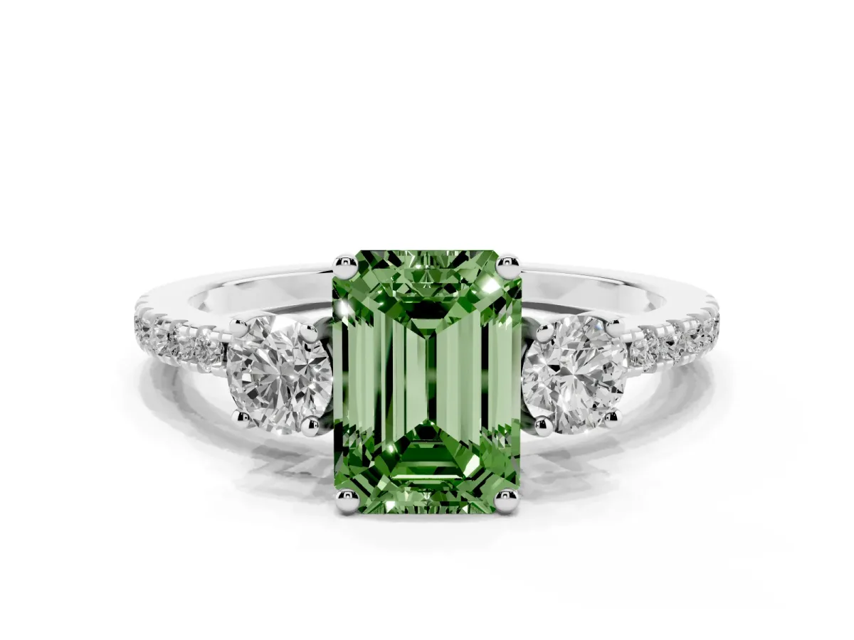 Fancy Green Three-Stone Emerald Cut Cut Diamond Pavé Band with Prong Setting Silver