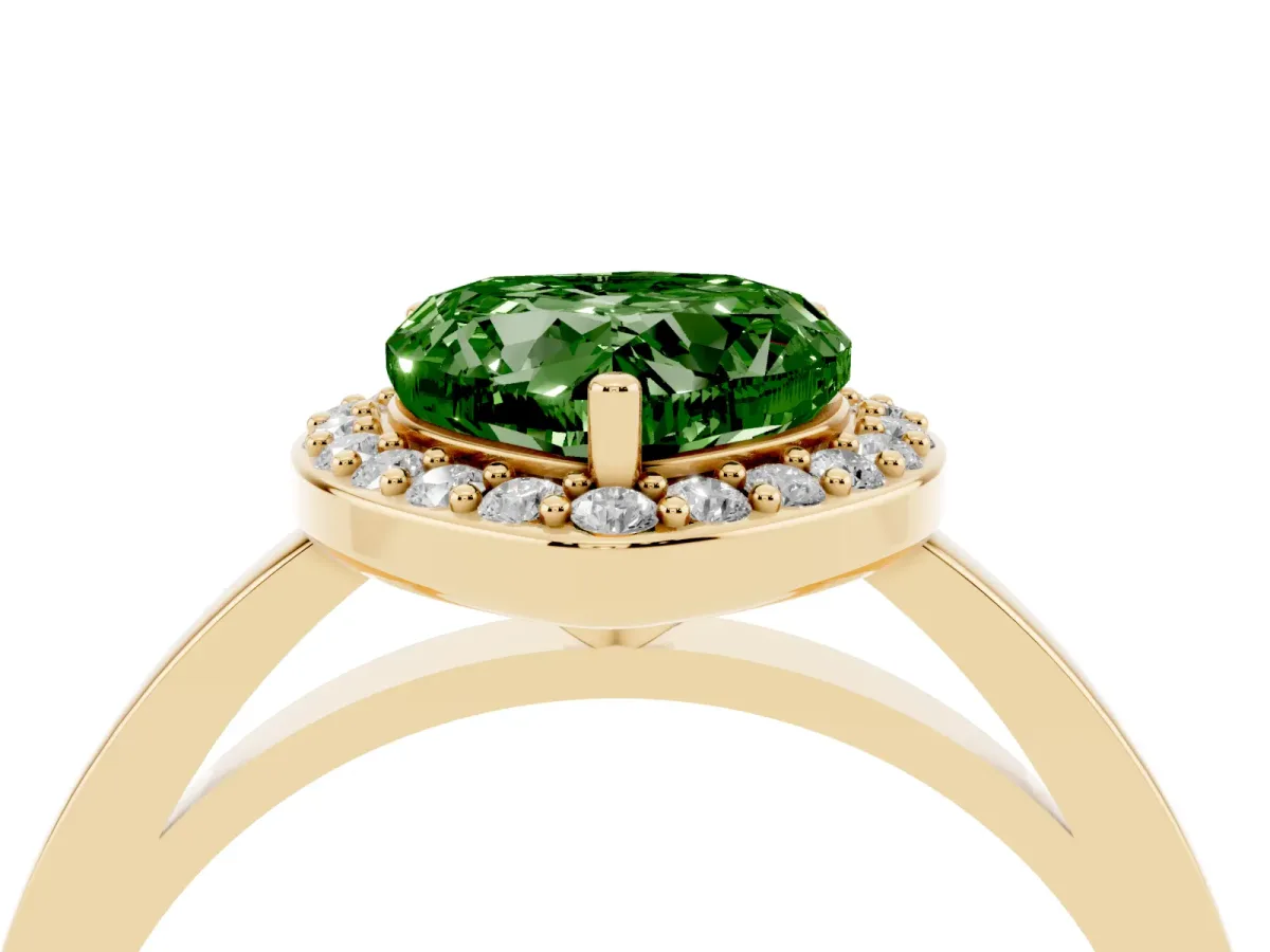 Fancy Green Heart Cut Halo Diamond Ring with Solitaire Band and Prong Setting Yellow gold