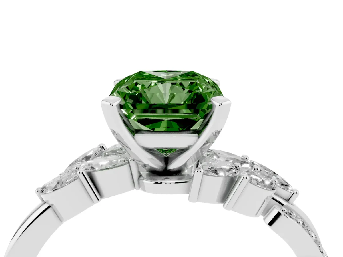 Fancy Green Radiant Cut Solitaire Marquise Twist Band with Six-Prong Setting Silver