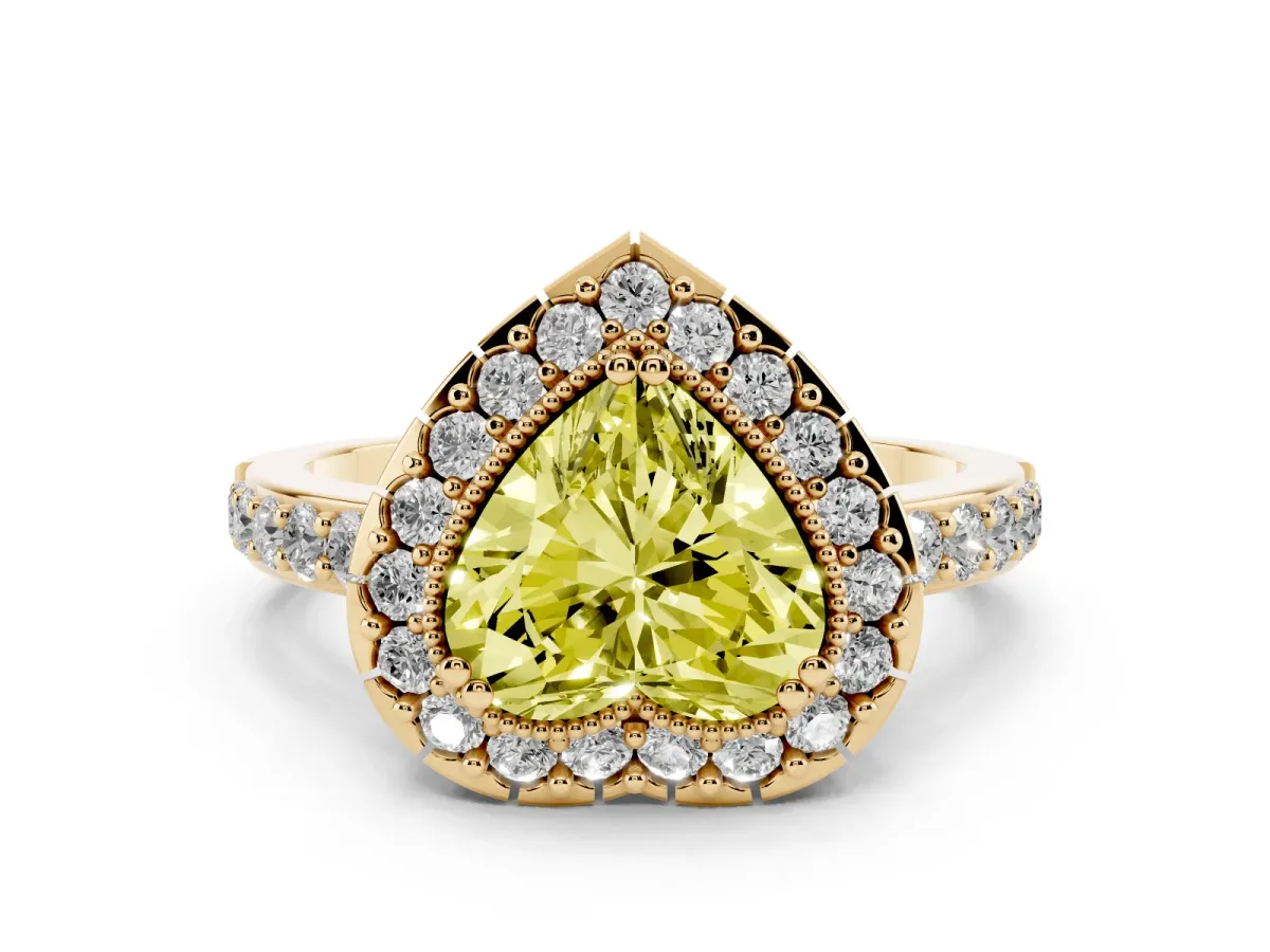 Fancy Yellow Heart Cut Diamond Halo Ring with Pavé Band and Prong Setting Yellow gold